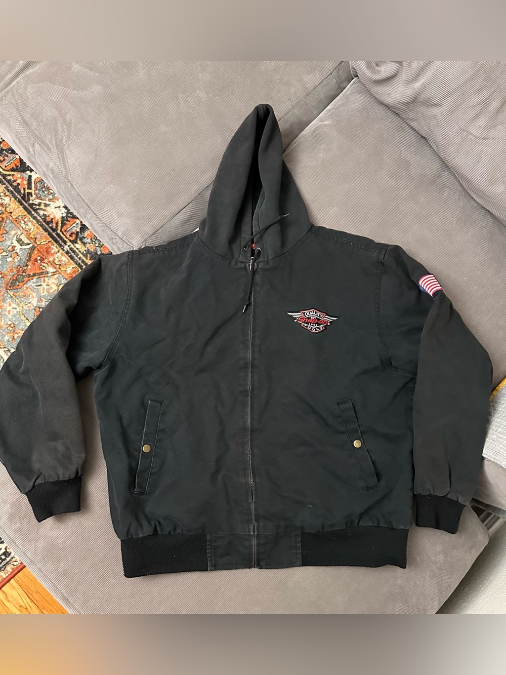Vintage Snap-On Tools Jacket Men’s XL Black Full Zip Quilted Canvas Hooded